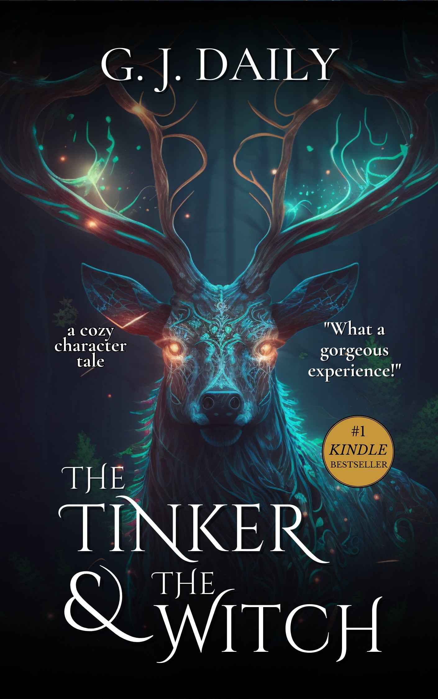 Book cover of 'The Tinker & The Witch' with a mystical deer illustration on a dark background.