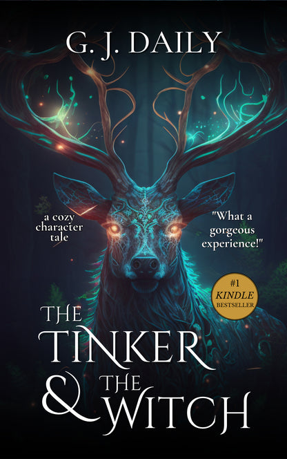 Book cover of 'The Tinker & The Witch' with a mystical deer illustration on a dark background.
