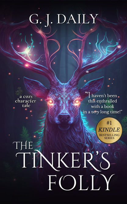 Book cover of 'The Tinker's Folly' with a mystical deer illustration and glowing text.